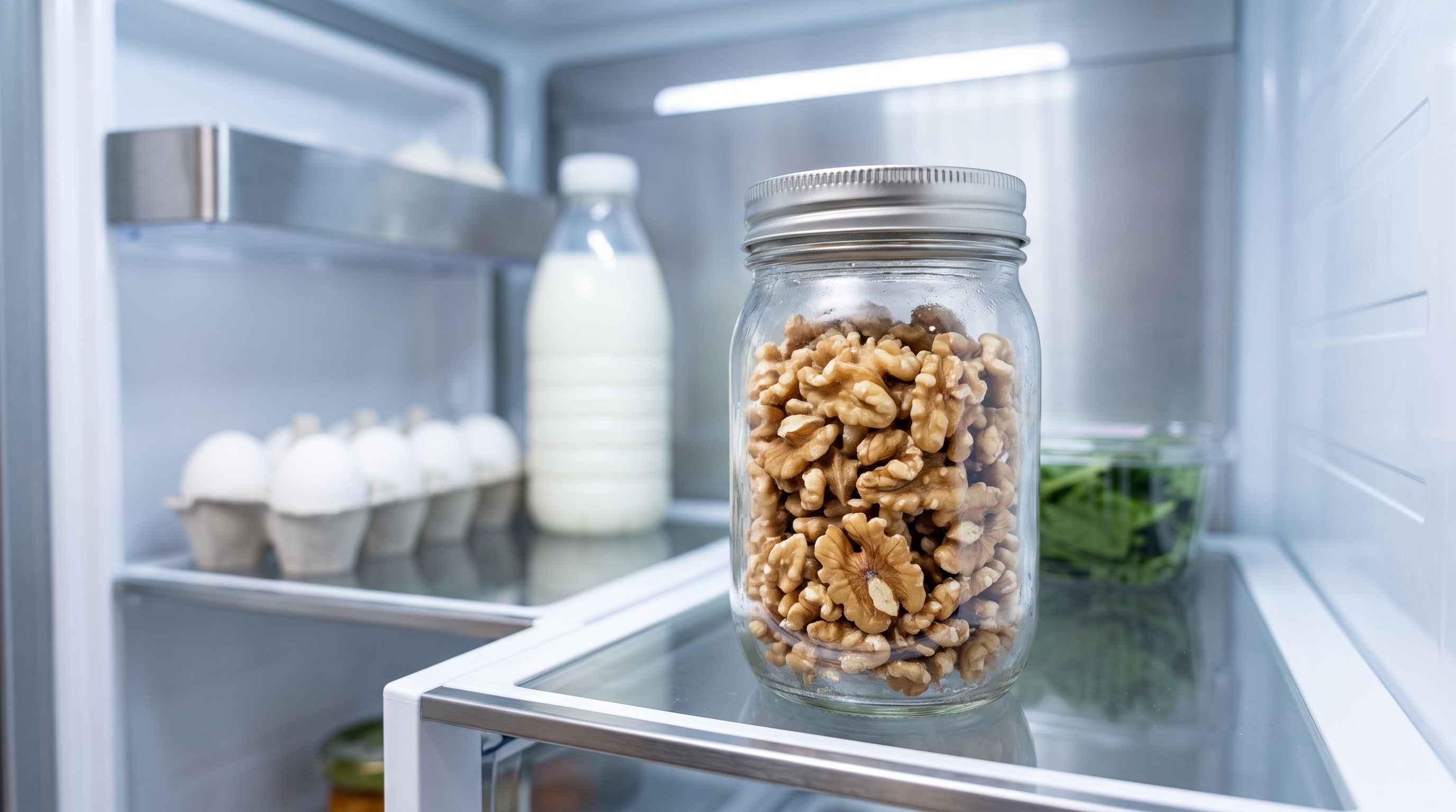 نحوه نگهداری مغز گردو در ظرف شیشه‌ای داخل طبقات یخچال برای جلوگیری از تلخی